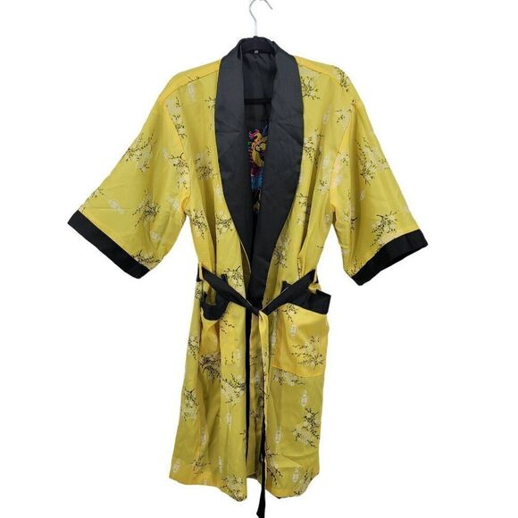 Reversible Kimono Robe L Black Embroidered Dragon Yellow Floral Asian Unisex - Picture 6 of 16